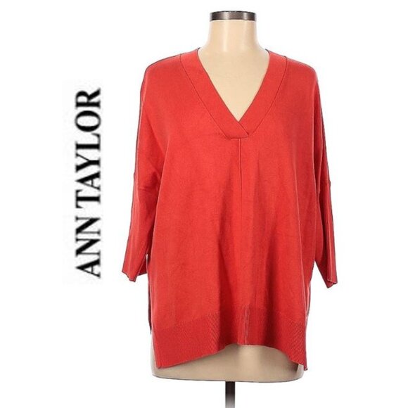 ANN TAYLOR, Red/Orange pullover comfy v-neck sweater - Picture 1 of 11
